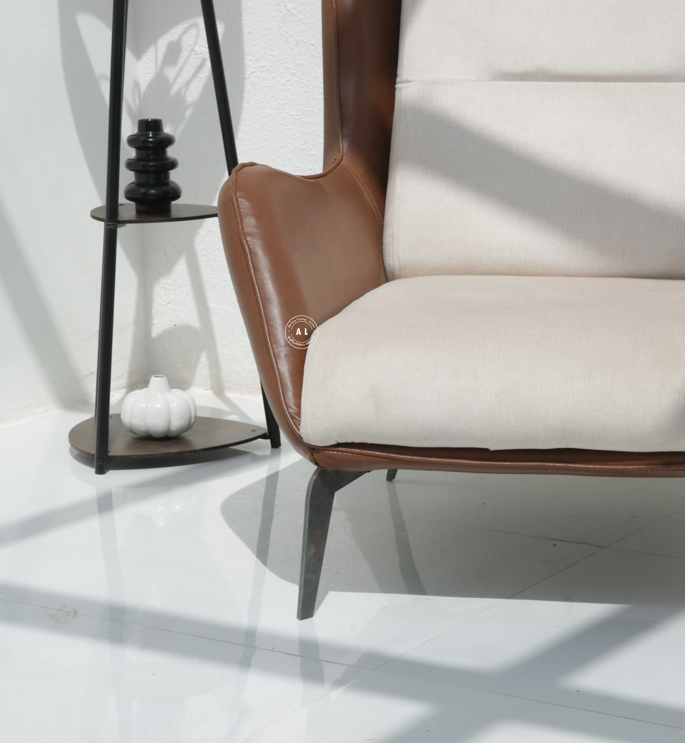 Native Wooden Lounge Chair – Premium Rexine & Cotton Upholstered Accent Chair with Metal Legs