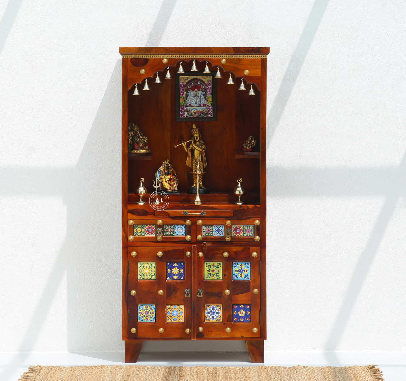 Hype Sheesham Wood Floor Standing Temple with Doors & Drawers - Honey finish
