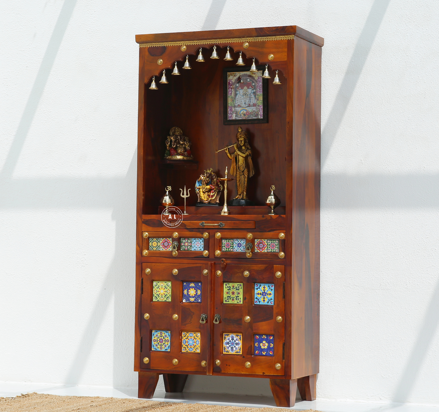 Hype Sheesham Wood Floor Standing Temple with Doors & Drawers - Honey finish