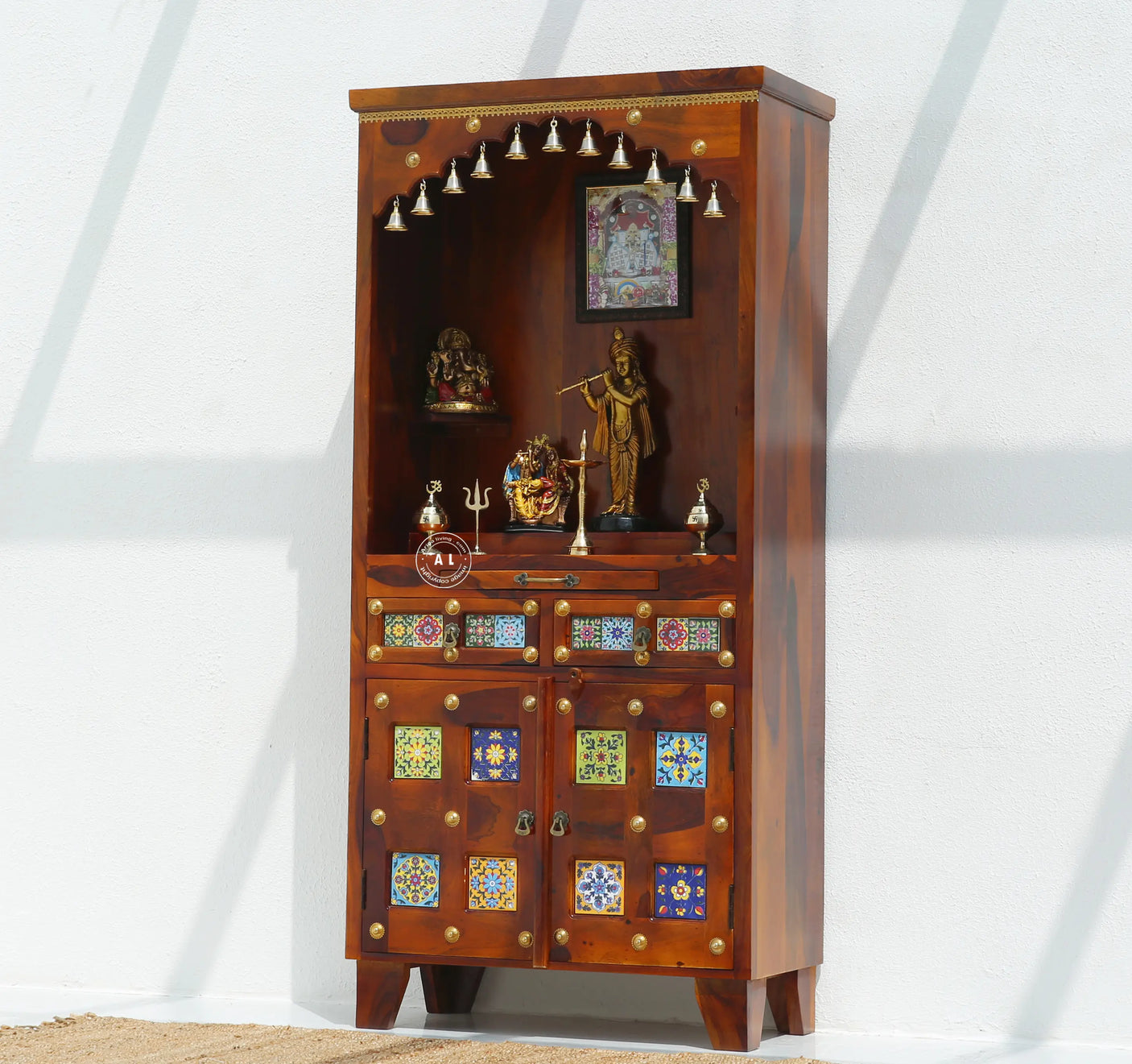 Hype Sheesham Wood Floor Standing Temple with Doors & Drawers - Honey finish Arina Living