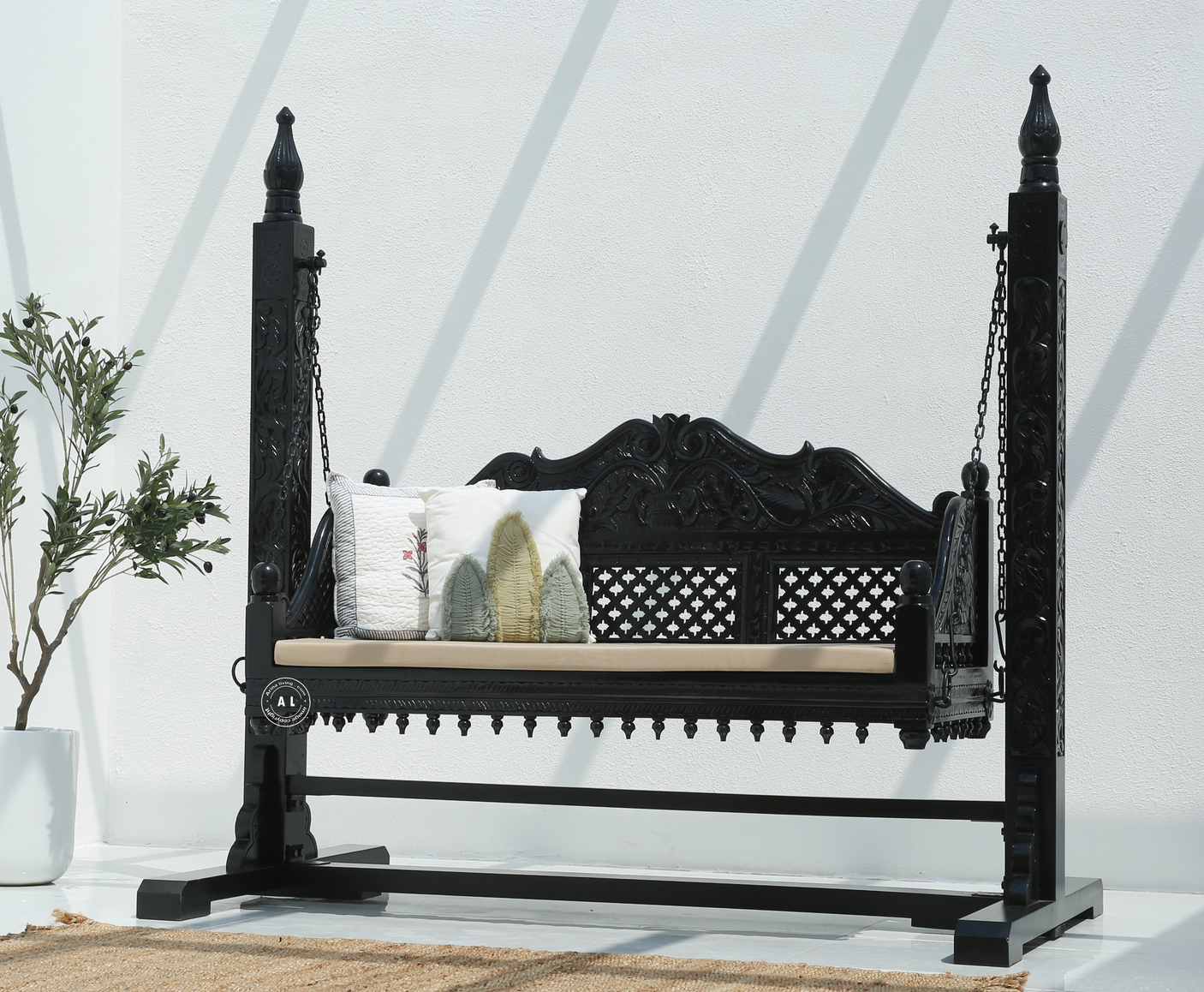 Pulse Wooden Carved Swing – Solid Mango Wood Black Finish Jhula for Home