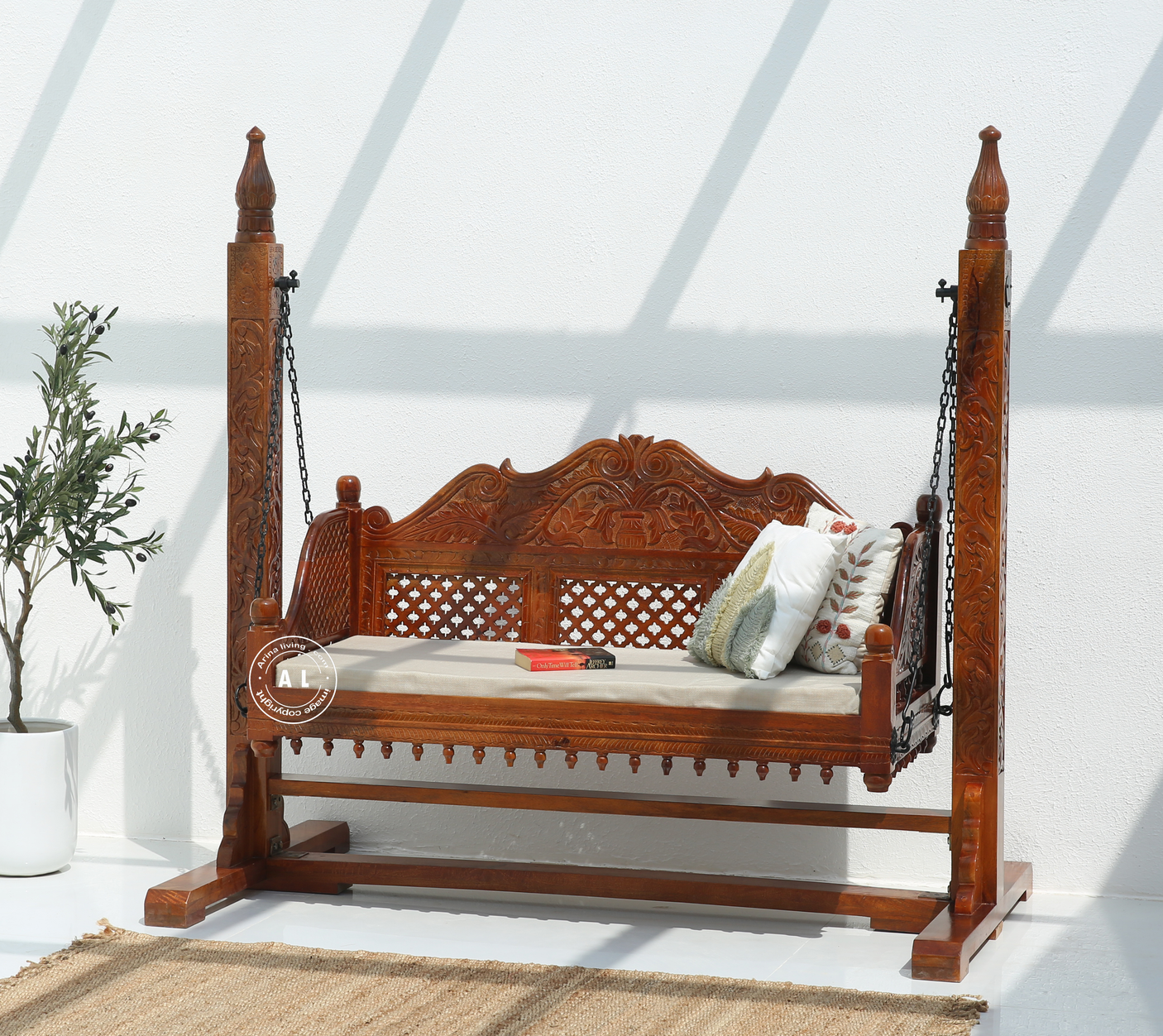Pulse Wooden Carved Swing – Solid Mango Wood Honey Finish Jhula for Home