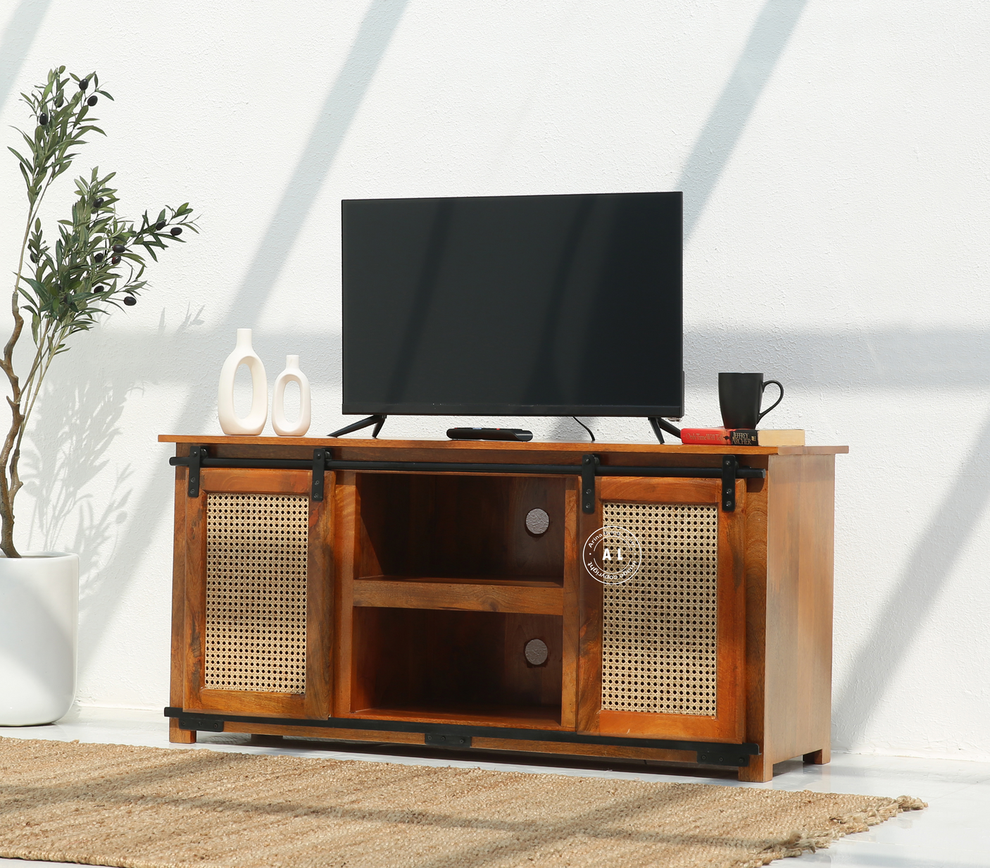 Cast Wooden TV Unit with Sliding Door in Solid Mango Wood – Honey Finish