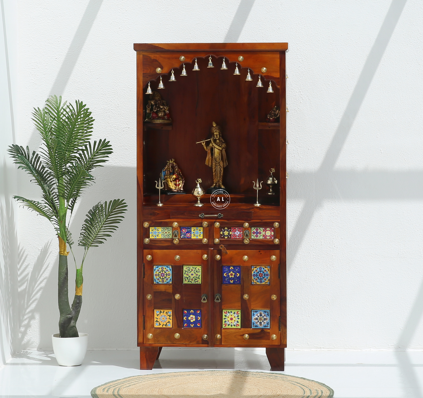 Hype Sheesham Wood Floor Standing Temple with Doors & Drawers - Honey finish