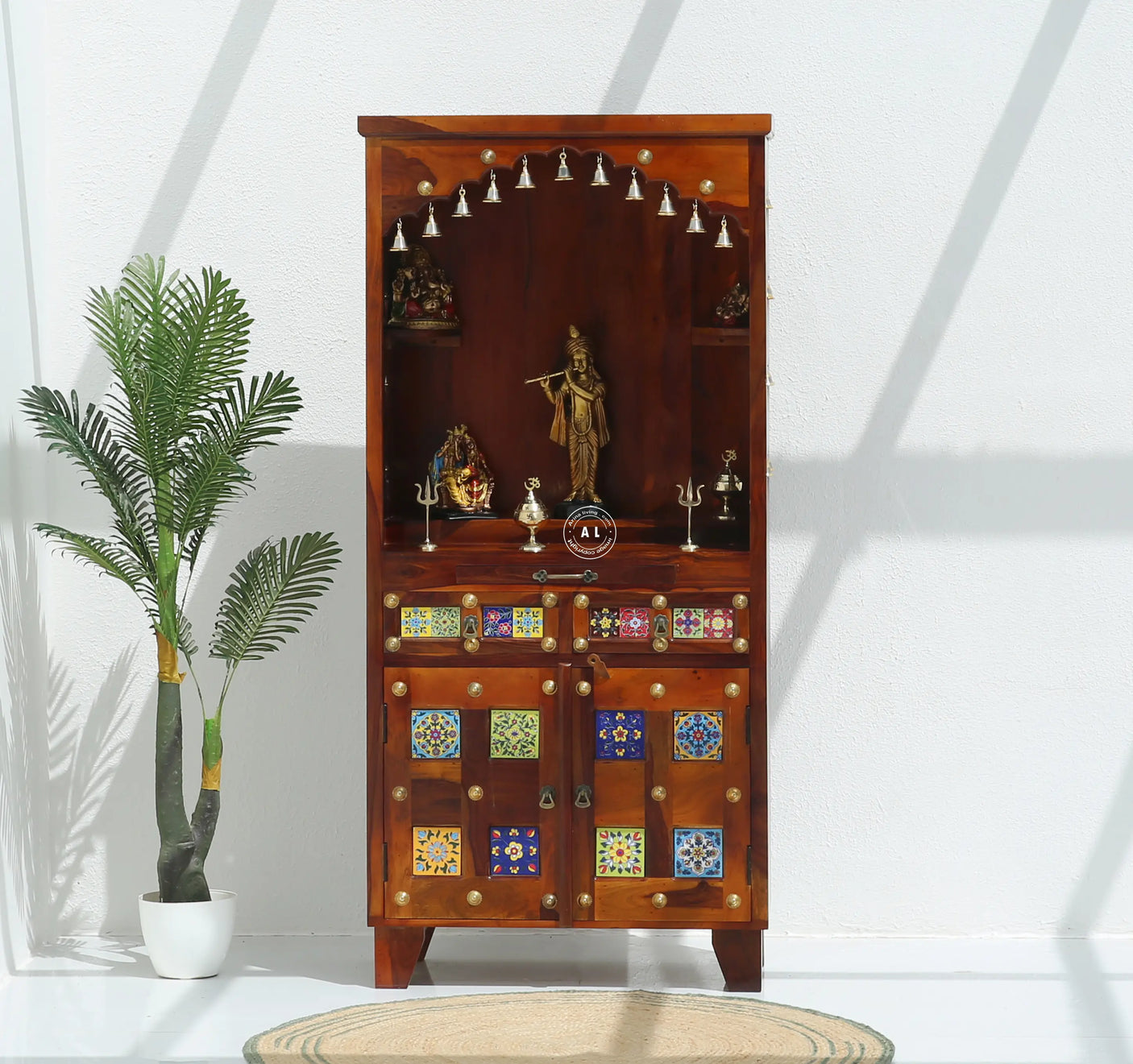 Hype Sheesham Wood Floor Standing Temple with Doors & Drawers - Honey finish Arina Living