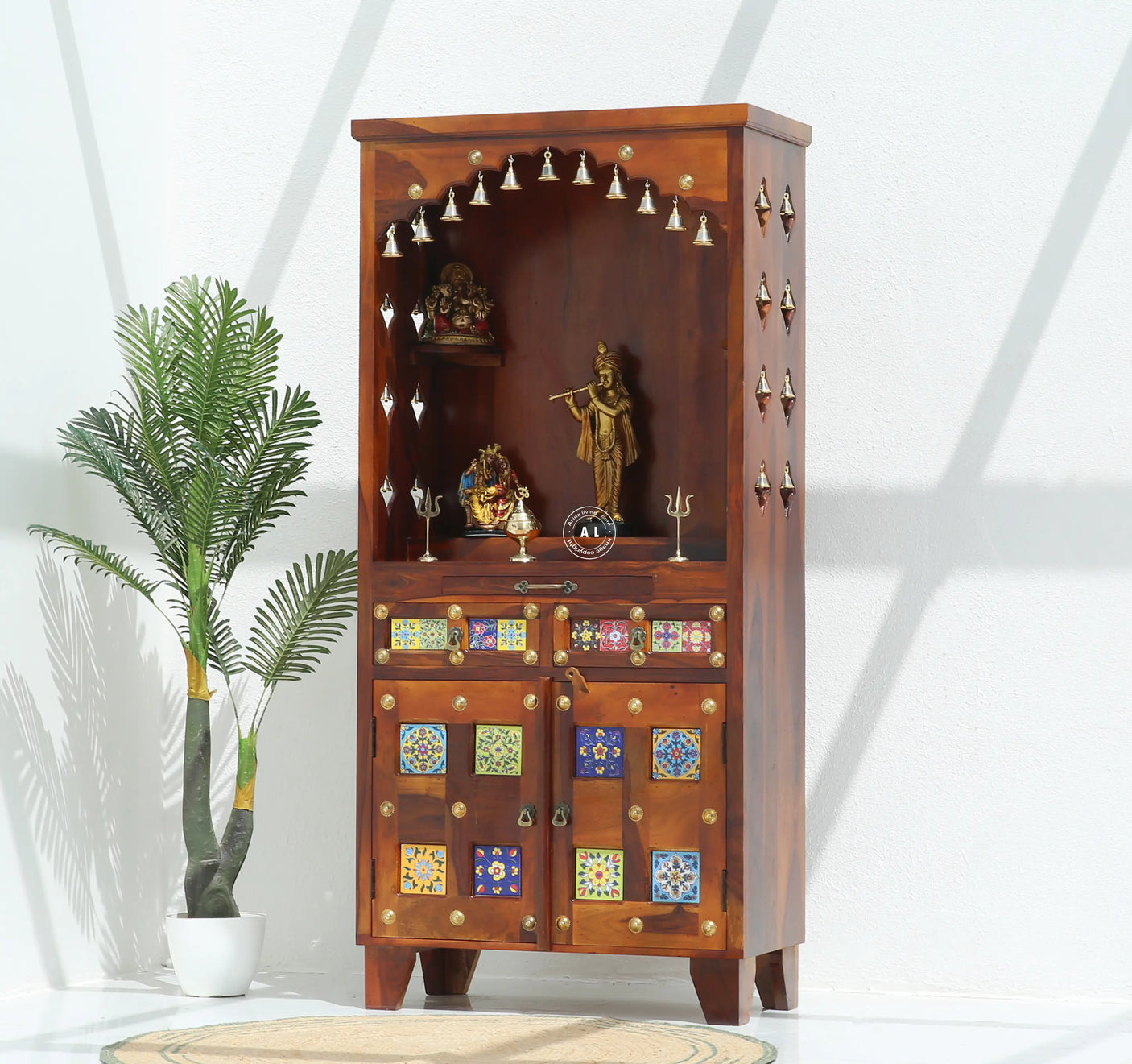 Hype Sheesham Wood Floor Standing Temple with Doors & Drawers - Honey finish Arina Living