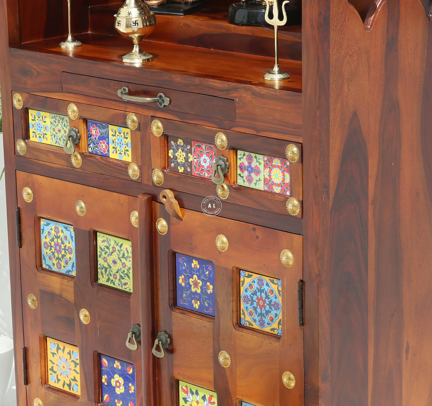 Hype Sheesham Wood Floor Standing Temple with Doors & Drawers - Honey finish Arina Living