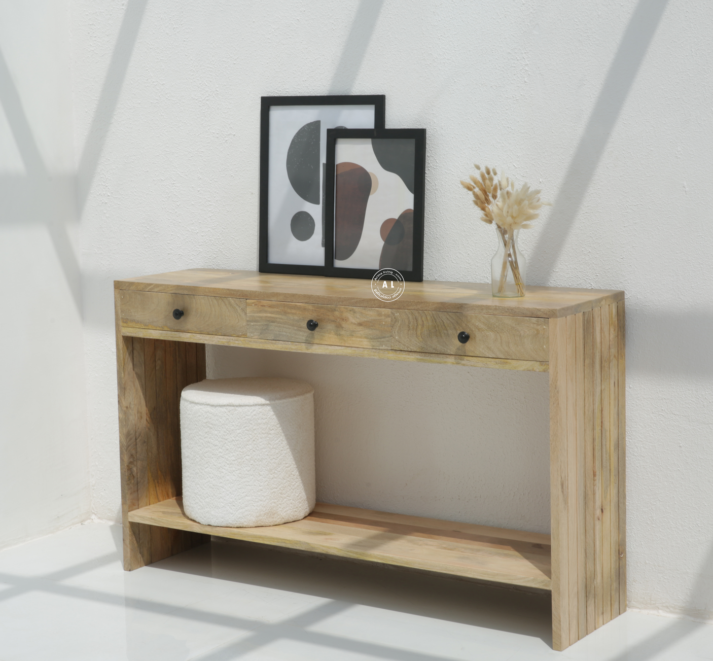 Gorge Solid Mango Wood Console Table with 3 Drawers - Natural finish
