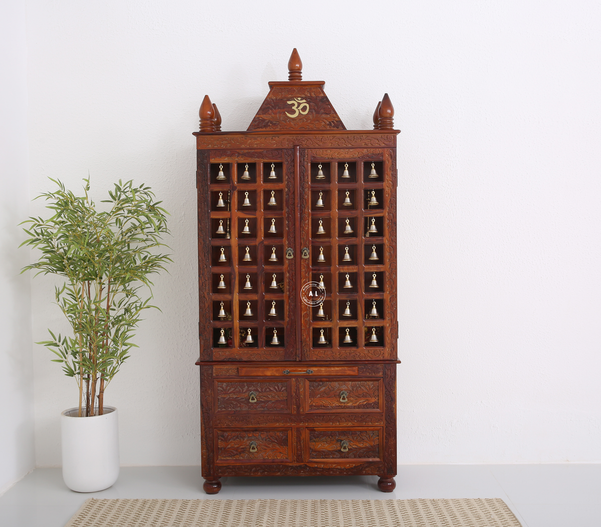 Fonda Sheesham Wood Home Temple with Bell Doors – Honey Finish Arina Living