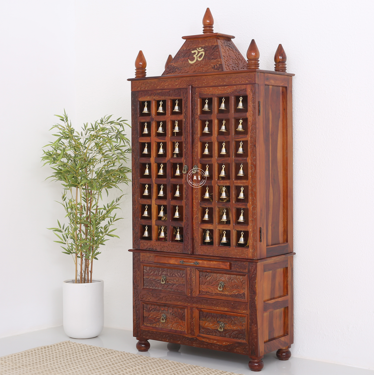 Fonda Sheesham Wood Home Temple with Bell Doors – Honey Finish Arina Living