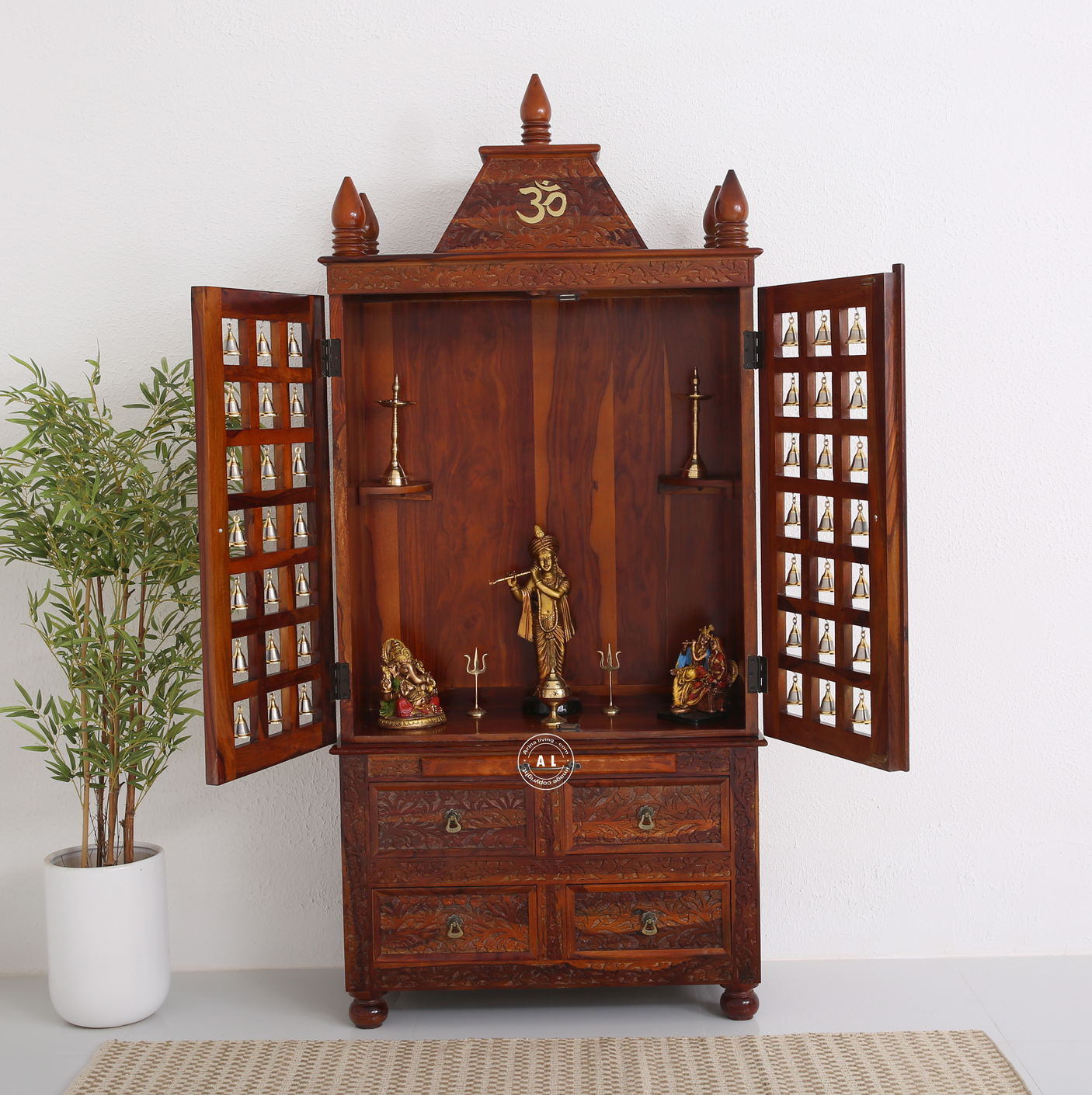 Fonda Sheesham Wood Home Temple with Bell Doors – Honey Finish Arina Living