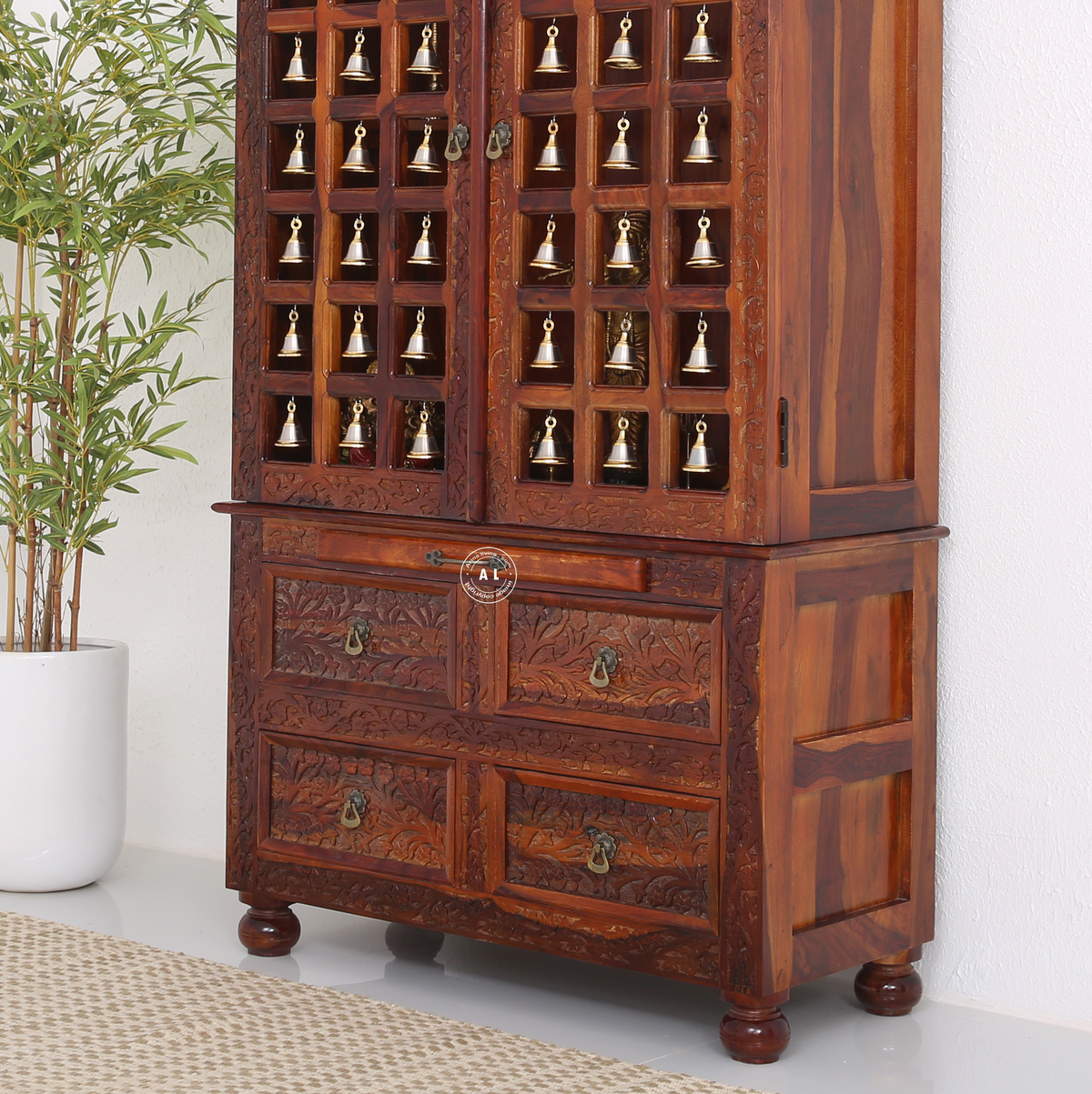 Fonda Sheesham Wood Home Temple with Bell Doors – Honey Finish Arina Living