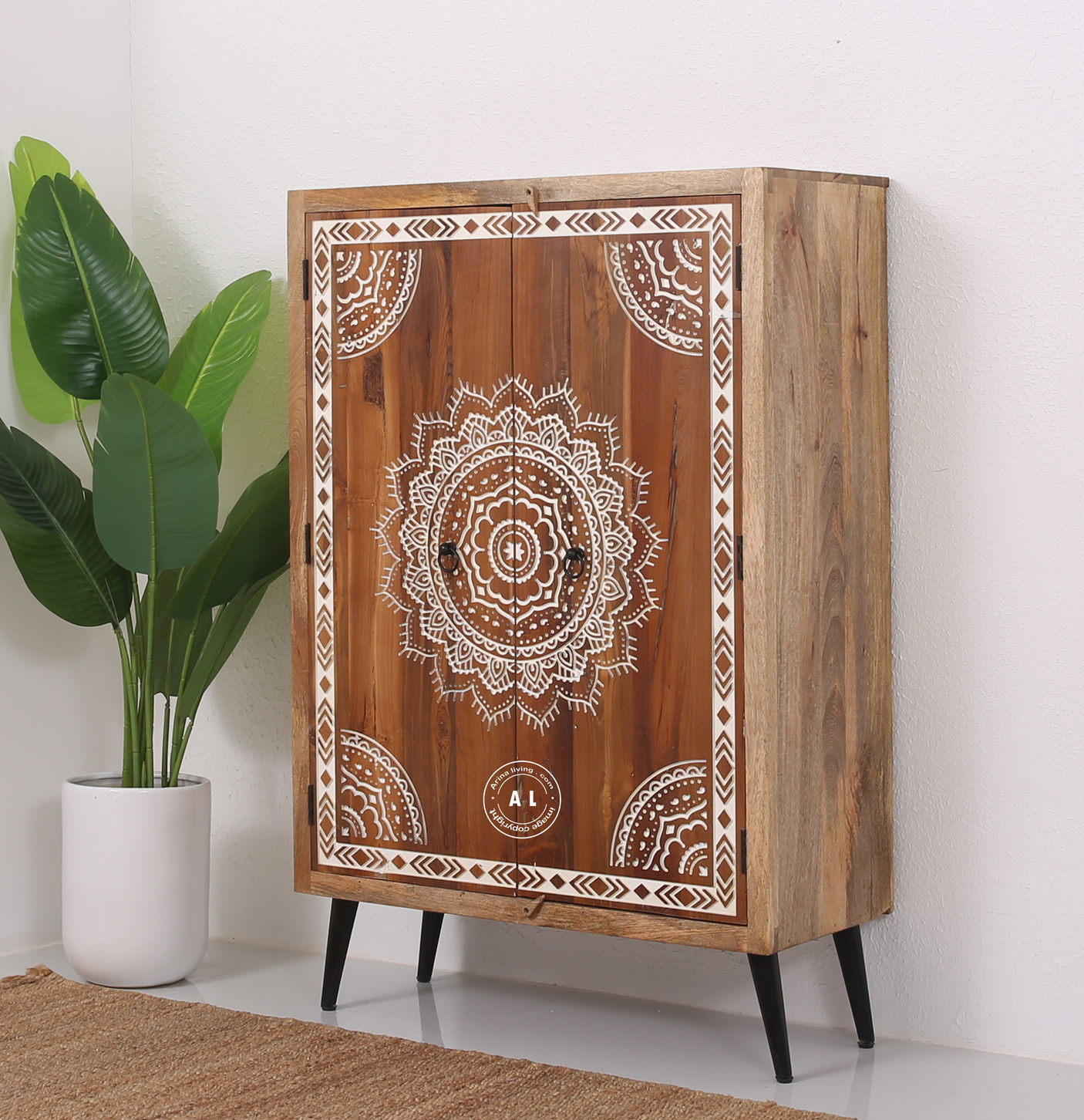 Solid Mango Wood Carved Sideboard Arina Living