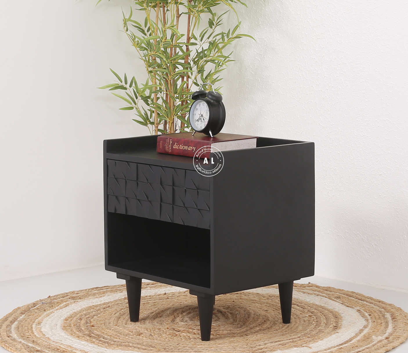Hearld Solid Mango Wood Bedside Table with Drawer - Black finish Arina Living