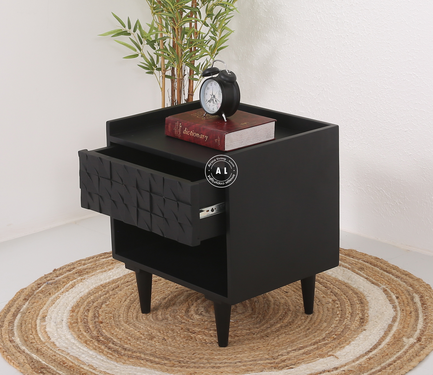 Hearld Solid Mango Wood Bedside Table with Drawer - Black finish Arina Living