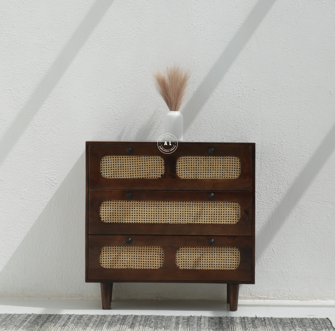 Adlor Solid Mango Wood 3 Drawer Chest of Drawers with Cane Front – Walnut Finish