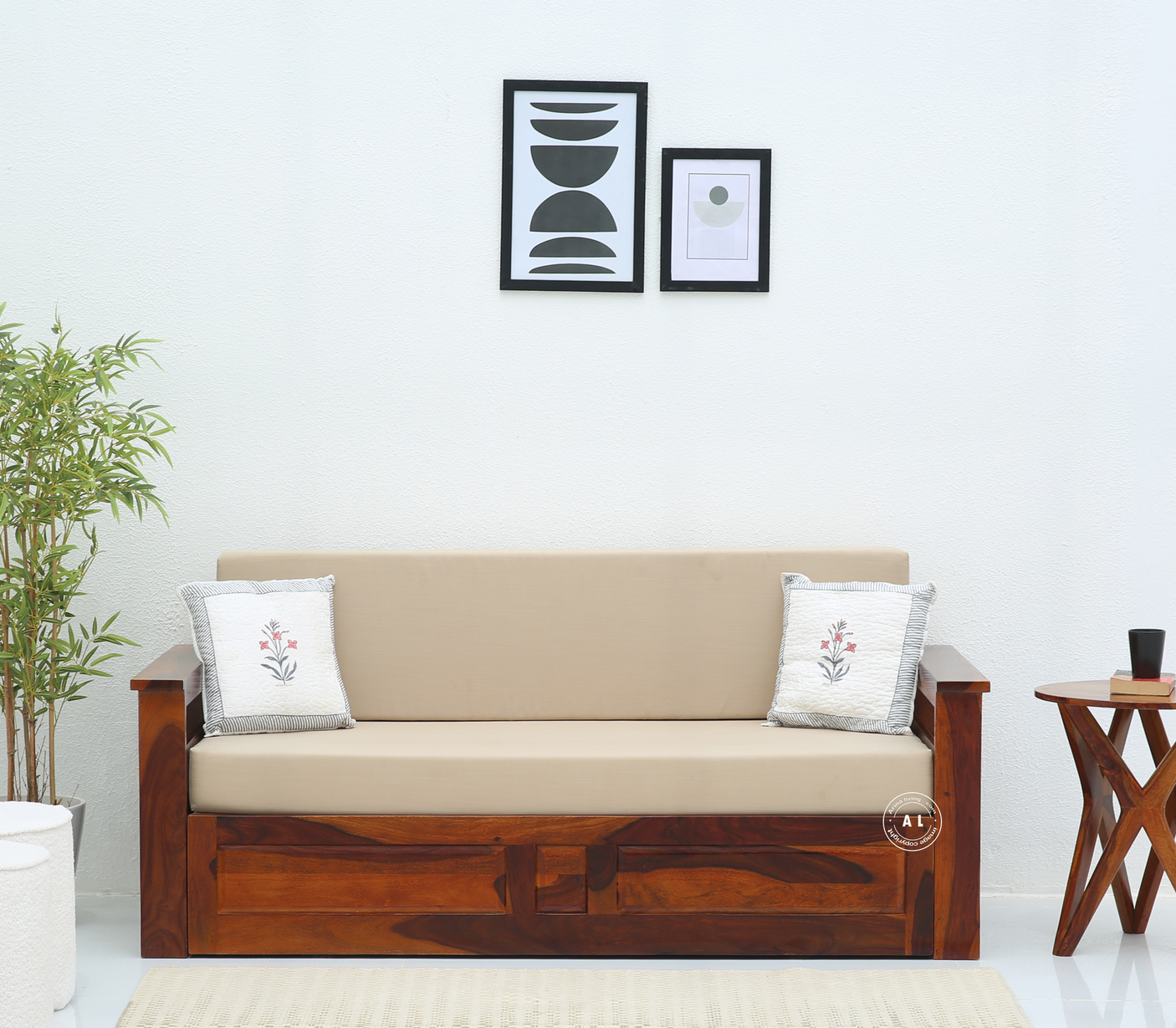 Velocity Sheesham Wood Sofa Cum Bed with Storage & Cushion – Honey Finish