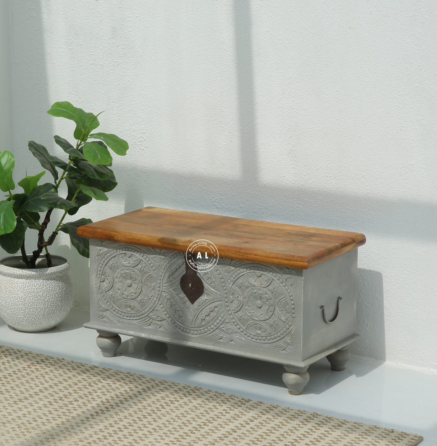 Benett Solid Mango Wood Carved Trunk Box