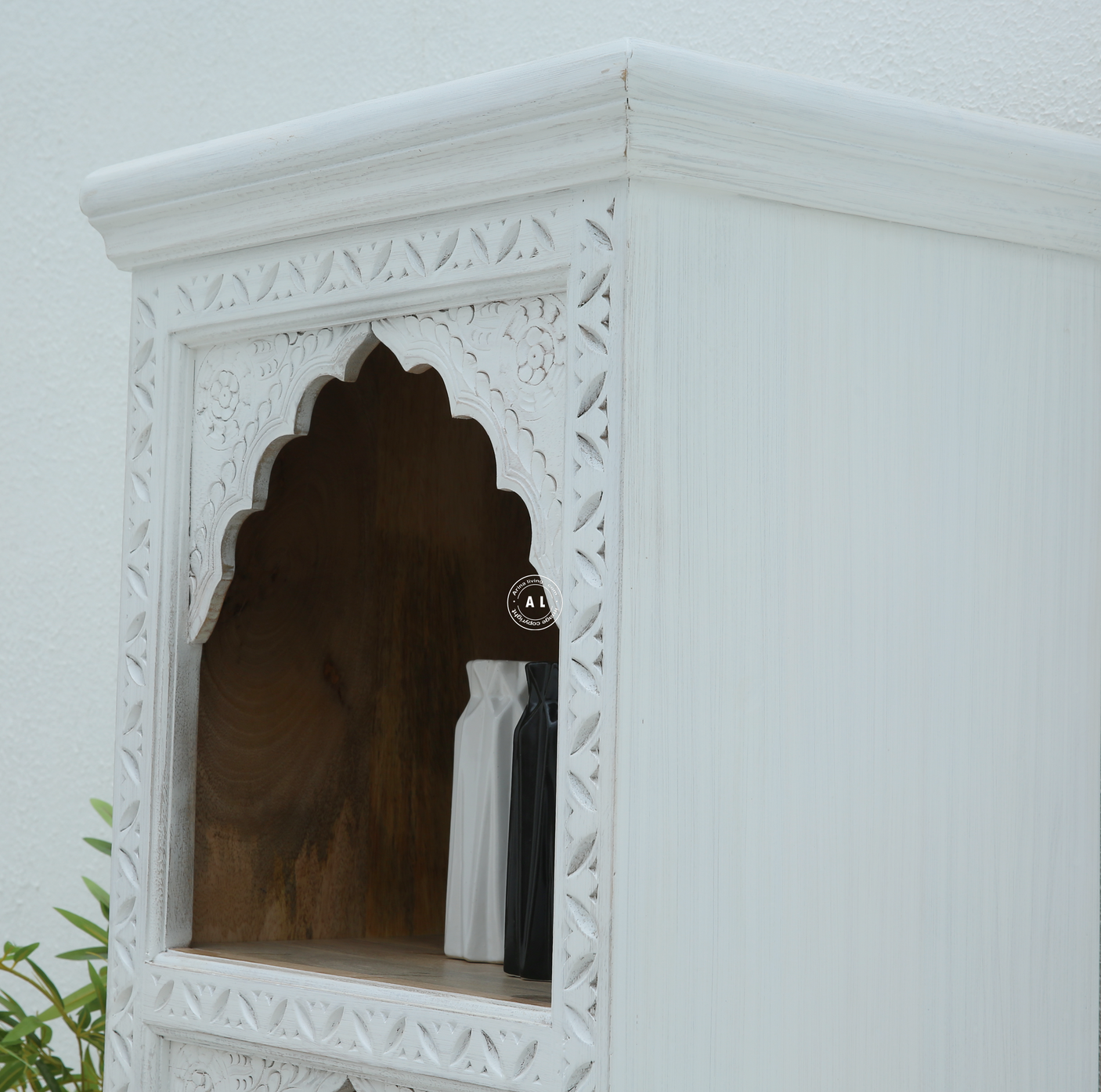 Ethos Mango Wood Book Shelf with Hand-Carved Design – White Finish