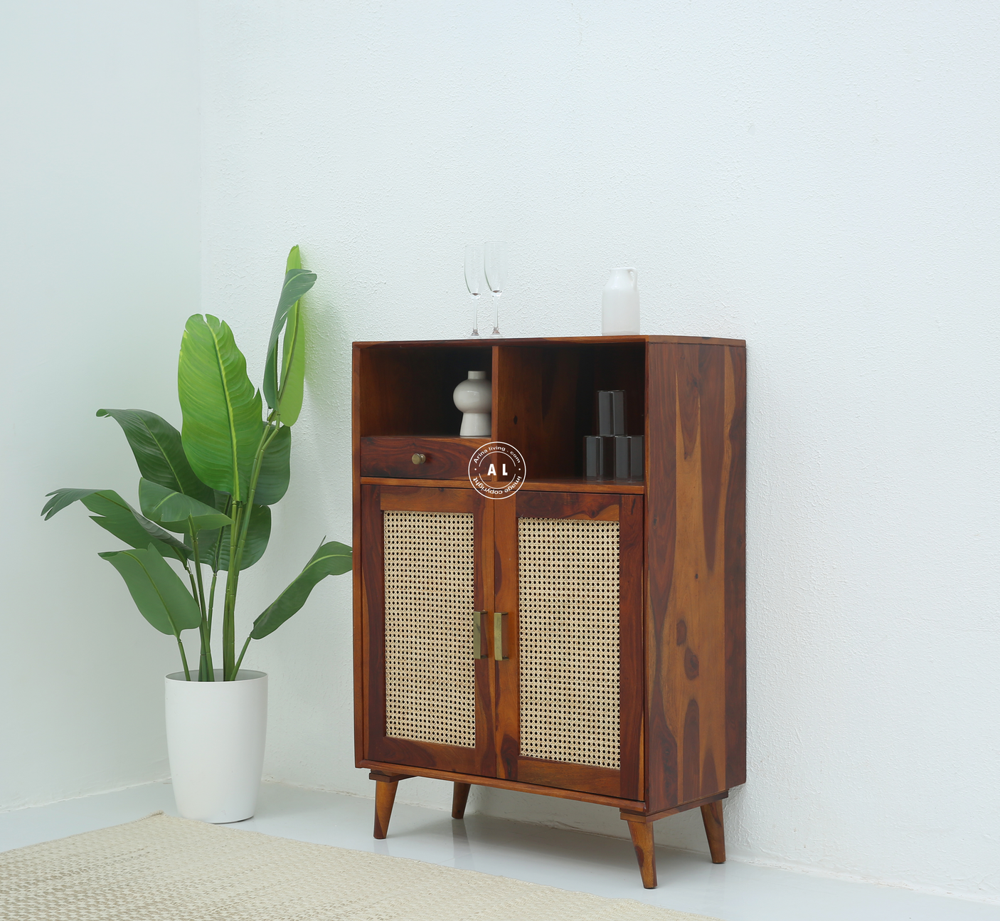 Mint Sheesham Wood Bar Cabinet with Cane Doors & Storage – Honey Finish