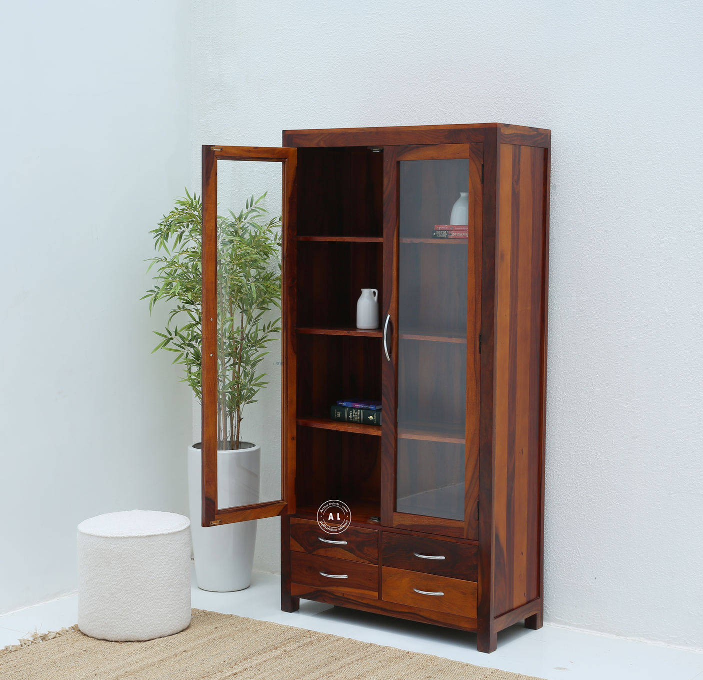Titan Sheesham Wood Display Shelf with 2 Door & 4 Drawer – Honey Finish