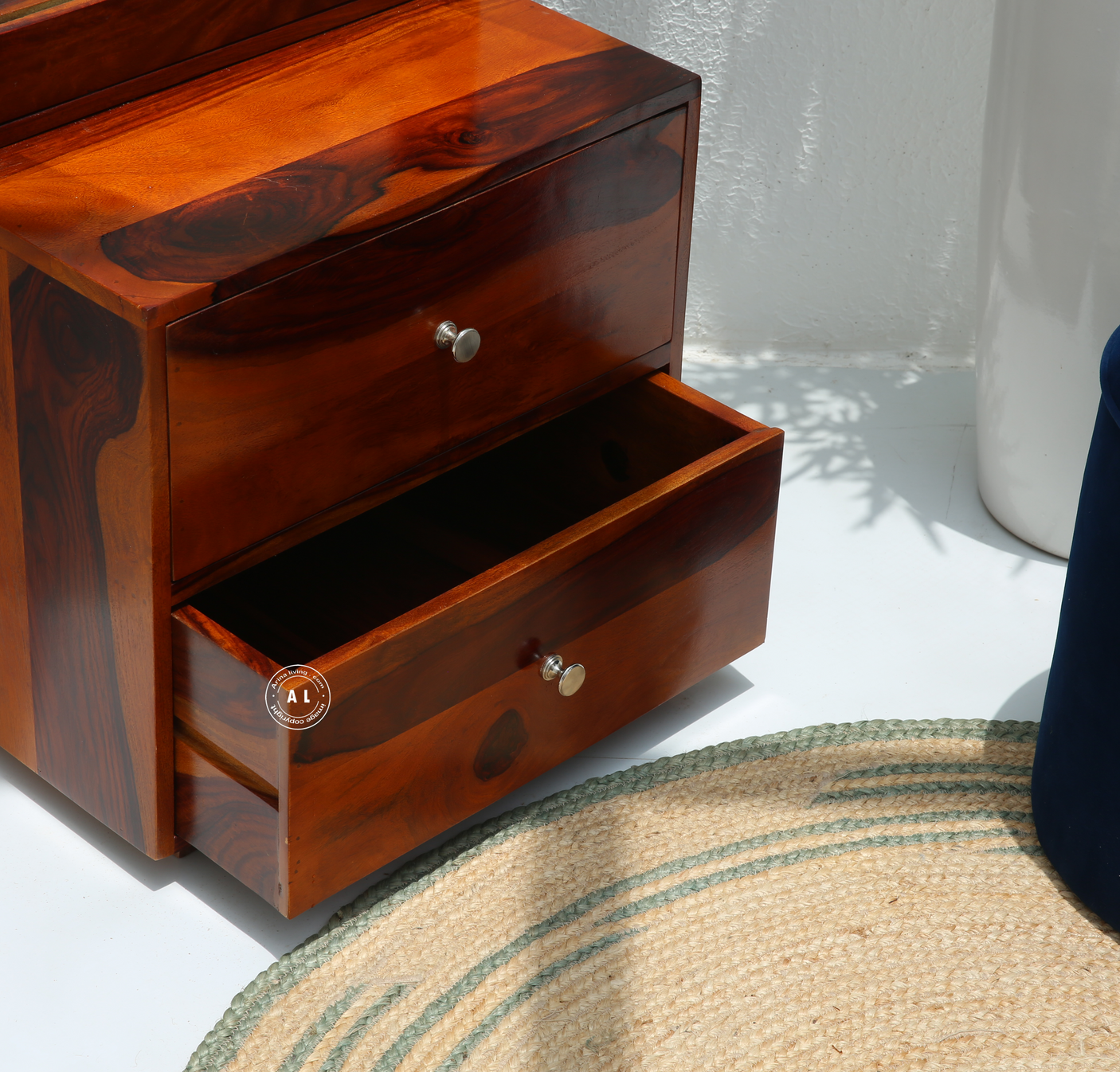 Sleek Sheesham Wood Dressing Table with Mirror & Storage – Honey Finish