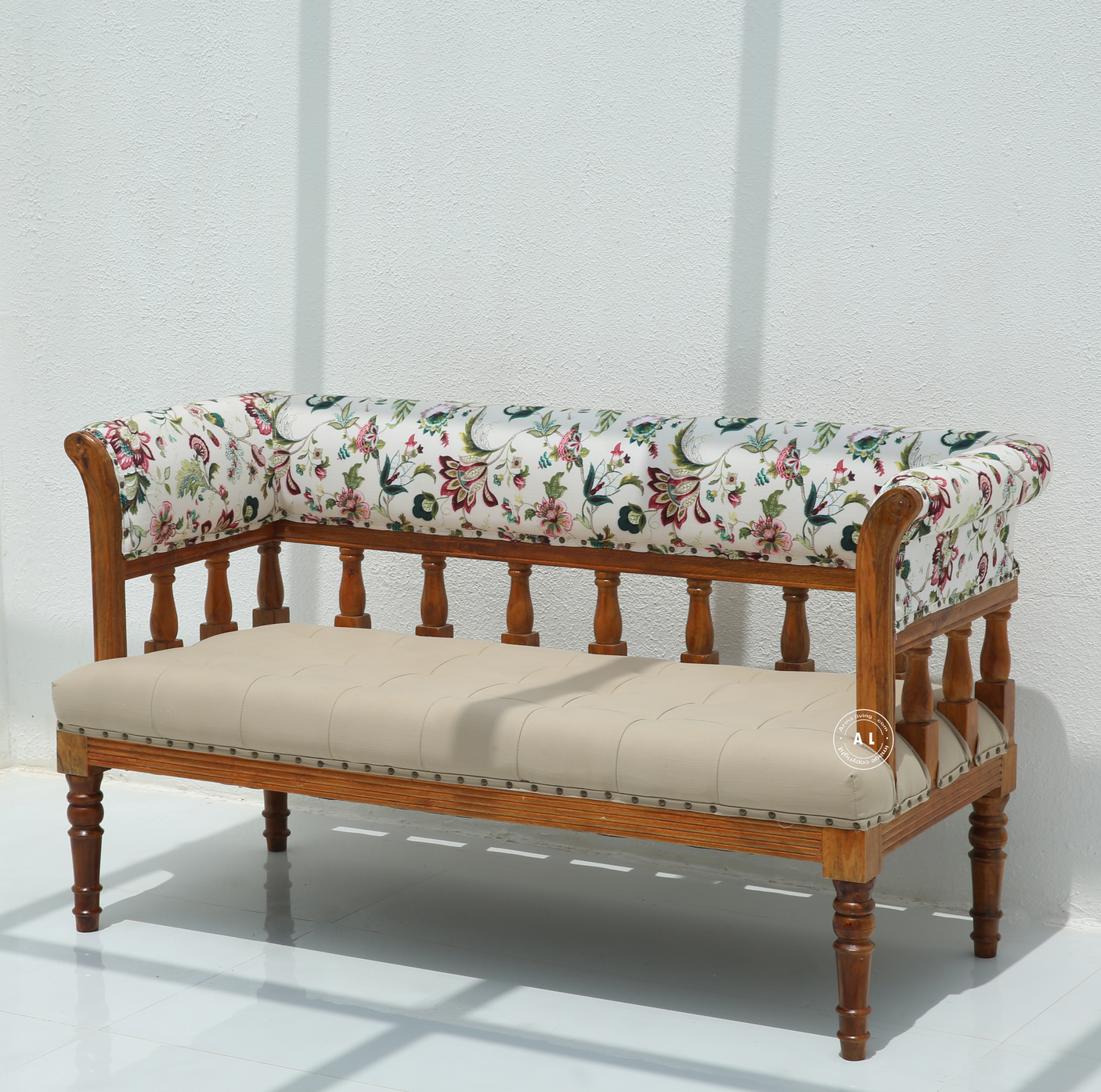 Nexus Bench with Back Rest in Honey Finish Mango Wood – Cotton Upholstery