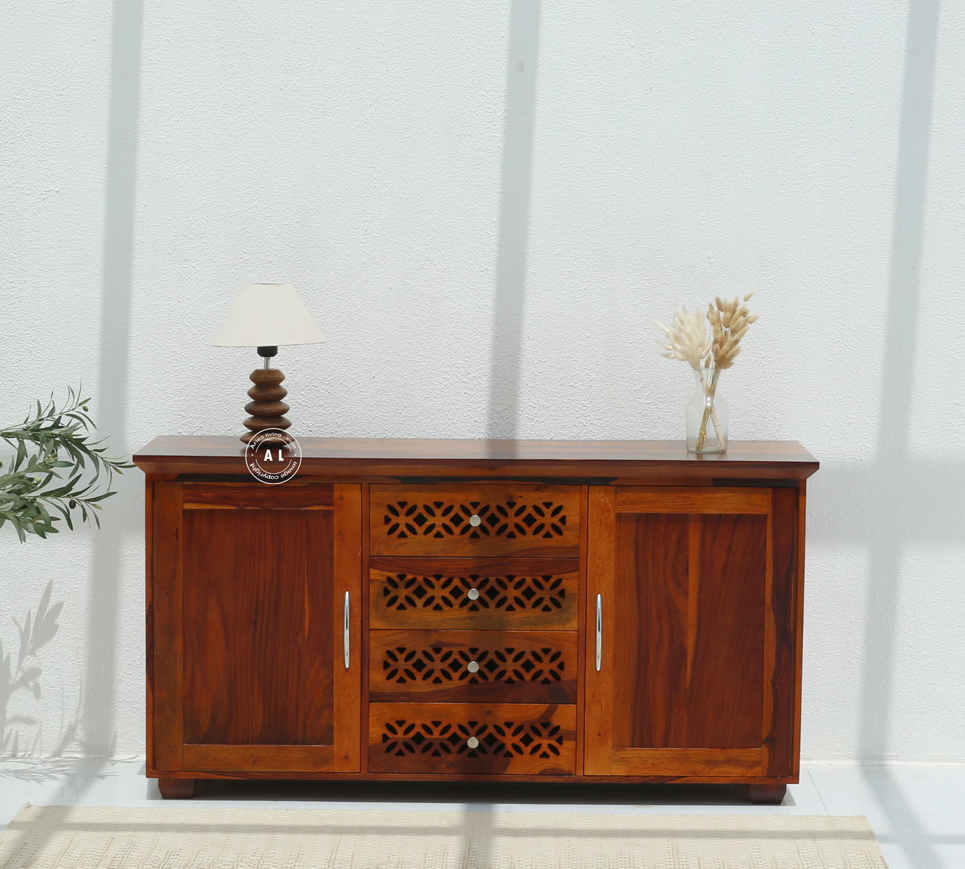 Vector Sheesham Wood Cabinet with 2 Doors & 4 Drawers - Honey Finish