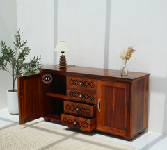 Vector Sheesham Wood Cabinet with 2 Doors & 4 Drawers - Honey Finish Arina Living