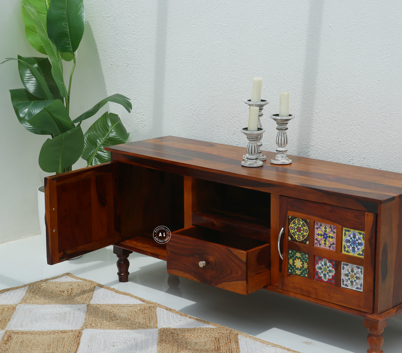 Brio Sheesham Wood TV Unit with Storage & Handcrafted Tile Design – Honey Finish