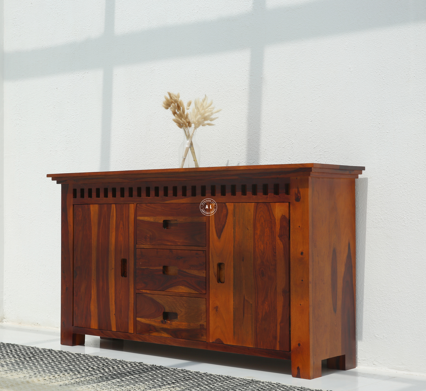 Glint Sheesham Wood Sideboard & Storage Cabinet with Drawers – Honey Finish