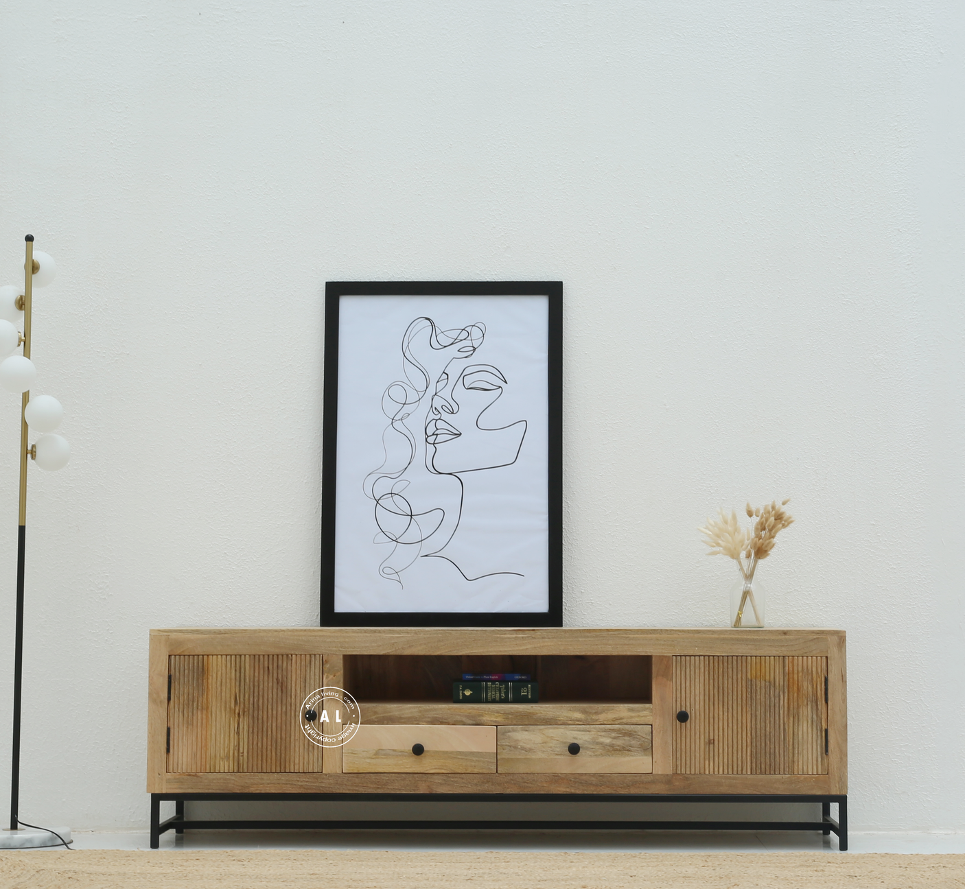 Mettawa Wooden Slat Door TV Unit – Solid Mango Wood , metal leg