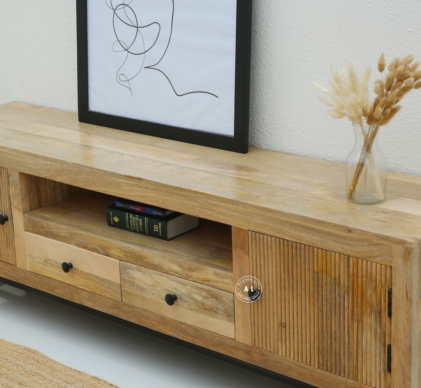 Mettawa Wooden Slat Door TV Unit – Solid Mango Wood , metal leg