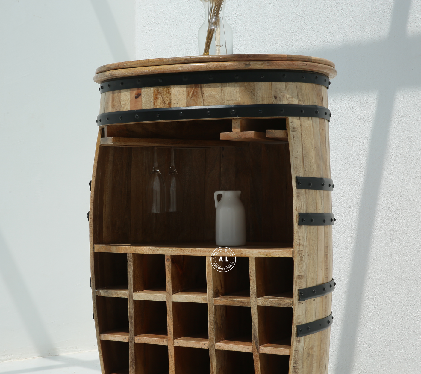 Mallus Mango Wood Barrel Cocktail Cabinet in Natural Finish – Rustic Bar Cabinet