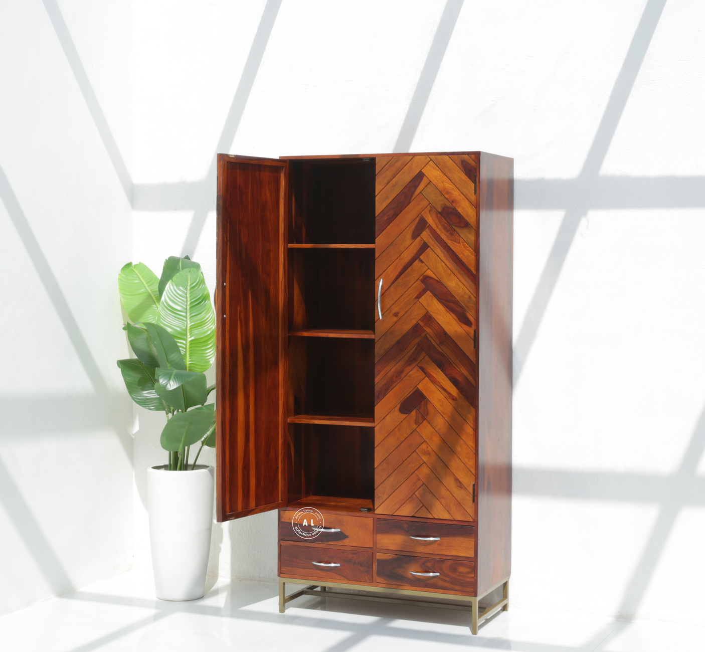 Aspire Sheesham Wood Wardrobe with 2 Doors & 4 Drawers - Honey Finish
