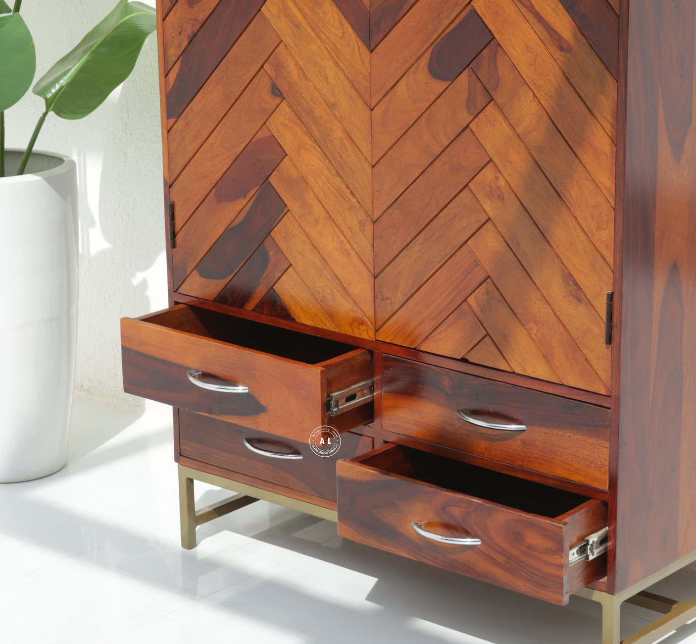 Aspire Sheesham Wood Wardrobe with 2 Doors & 4 Drawers - Honey Finish