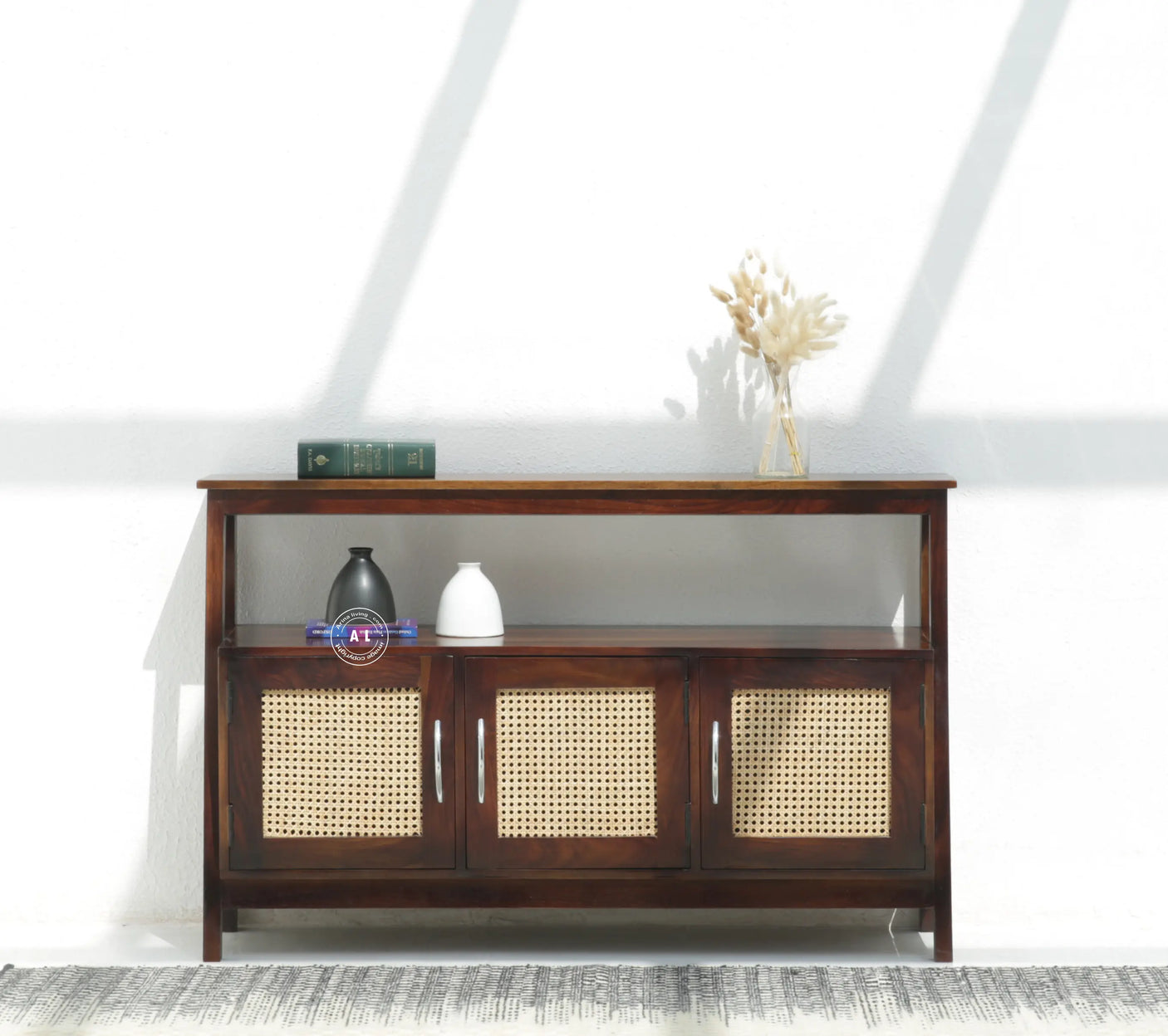 Stride Sheesham Wood Console Table with 3 Doors - Walnut Finish Arina Living