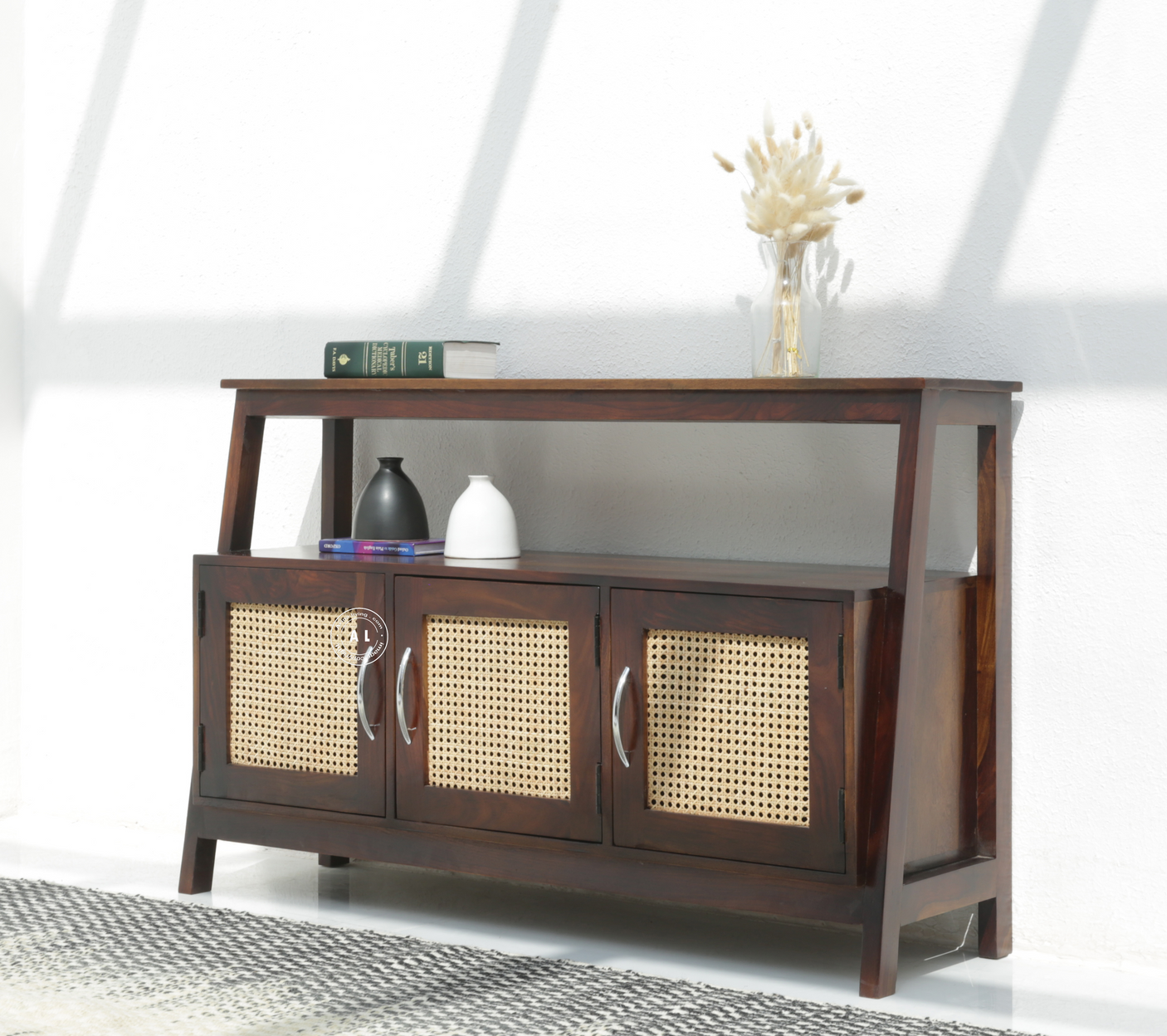 Stride Sheesham Wood Console Table with 3 Doors - Walnut Finish