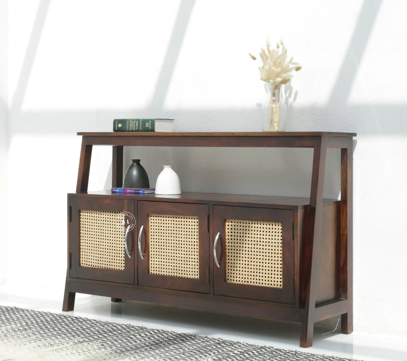 Stride Sheesham Wood Console Table with 3 Doors - Walnut Finish Arina Living