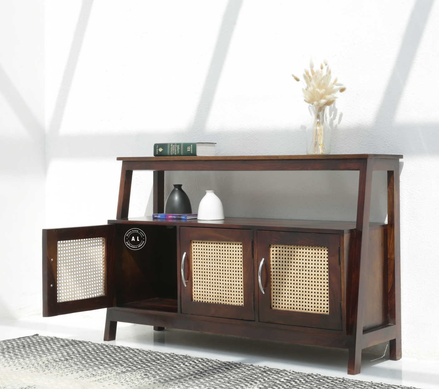 Stride Sheesham Wood Console Table with 3 Doors - Walnut Finish