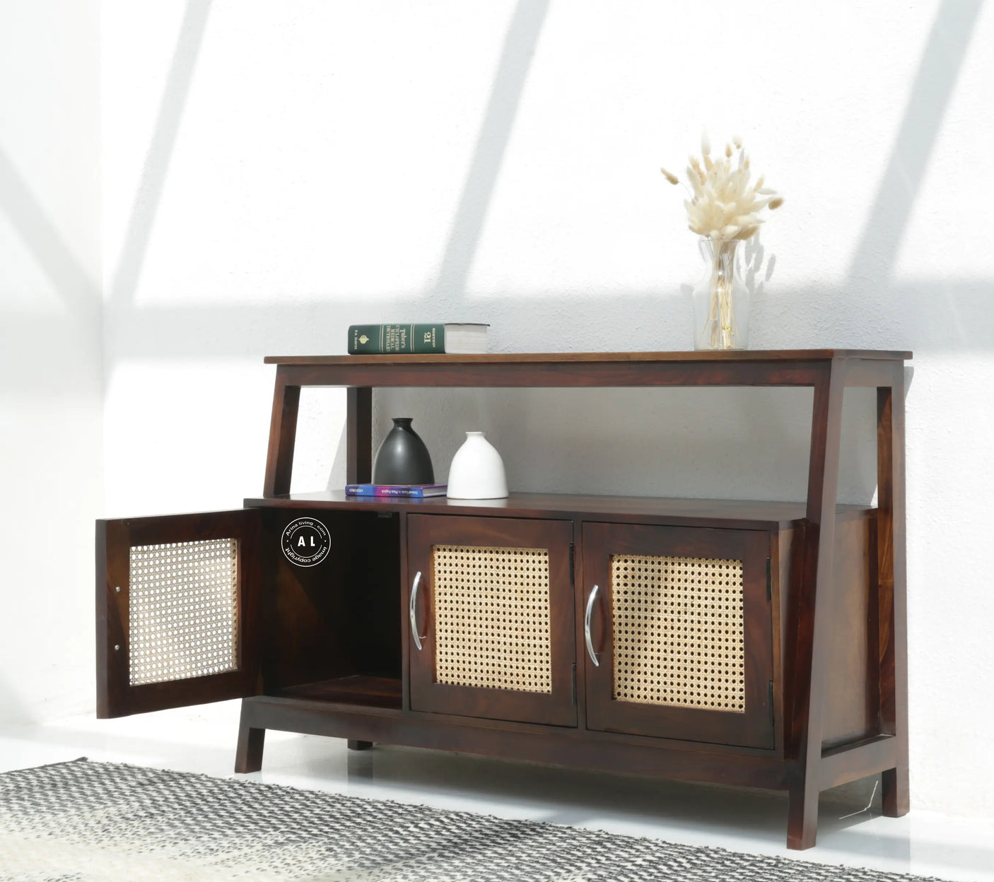 Stride Sheesham Wood Console Table with 3 Doors - Walnut Finish Arina Living