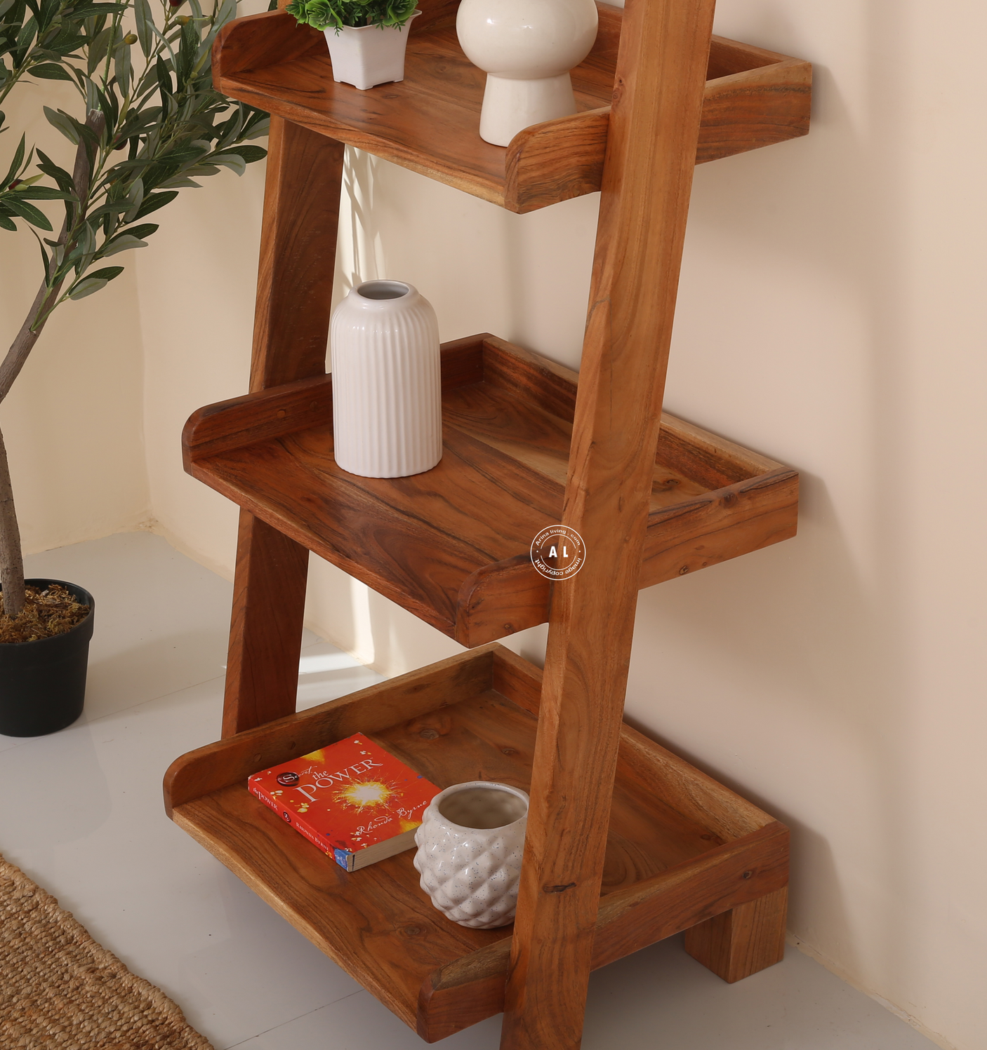 Chison Acacia Wood Ladder Bookshelf – Solid Wood Display Shelf