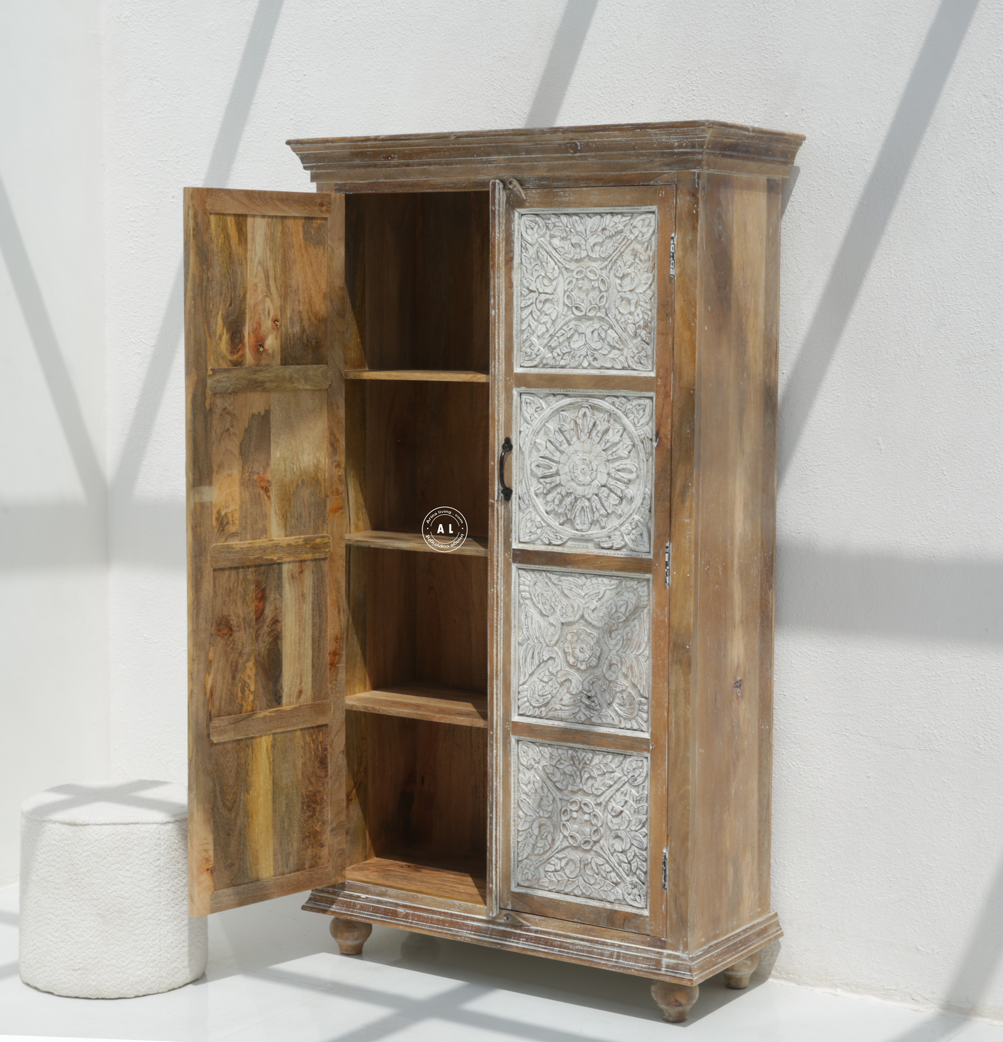 Casio Carving Wardrobe in White & Natural Finish – Solid Mango Wood