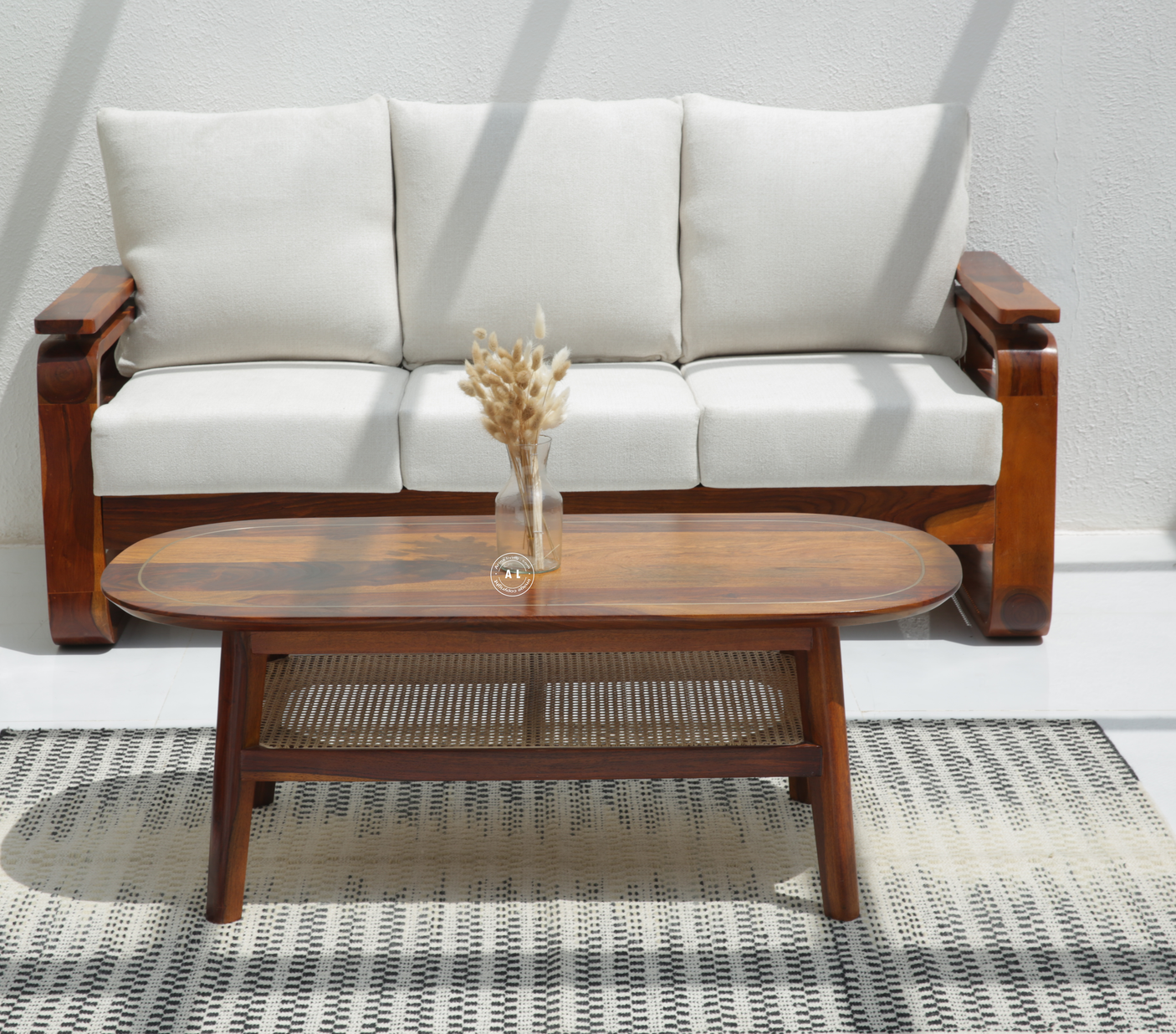 Matrix Sheesham Wood Coffee Table with Brass Inlay & Cane Shelf - Honey Finish