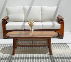 Matrix Sheesham Wood Coffee Table with Brass Inlay & Cane Shelf - Honey Finish Arina Living