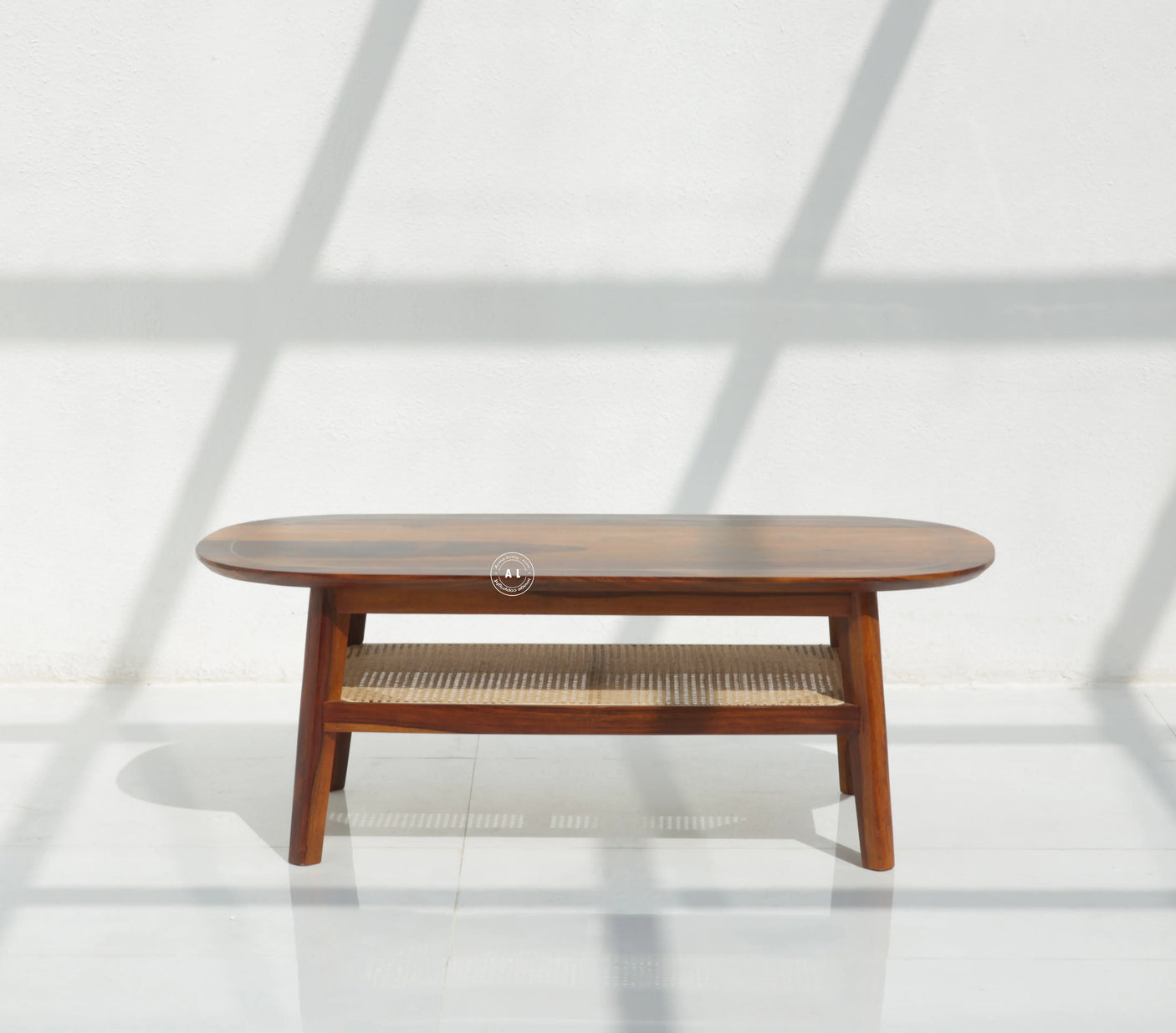 Matrix Sheesham Wood Coffee Table with Brass Inlay & Cane Shelf - Honey Finish Arina Living
