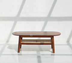 Matrix Sheesham Wood Coffee Table with Brass Inlay & Cane Shelf - Honey Finish Arina Living