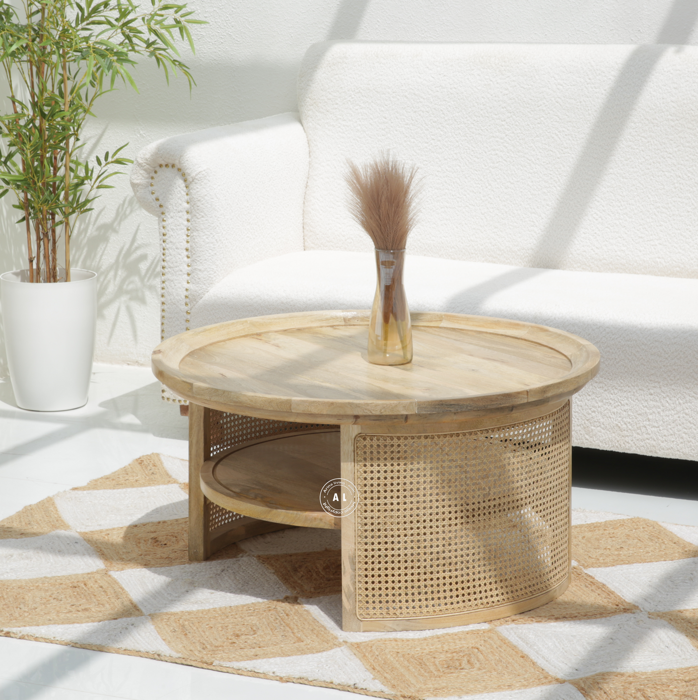 Allington Mango Wood Round Coffee Table with Cane Detailing – Natural Finish