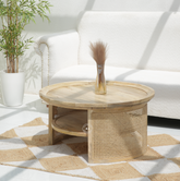 Allington Mango Wood Round Coffee Table with Cane Detailing – Natural Finish Arina Living