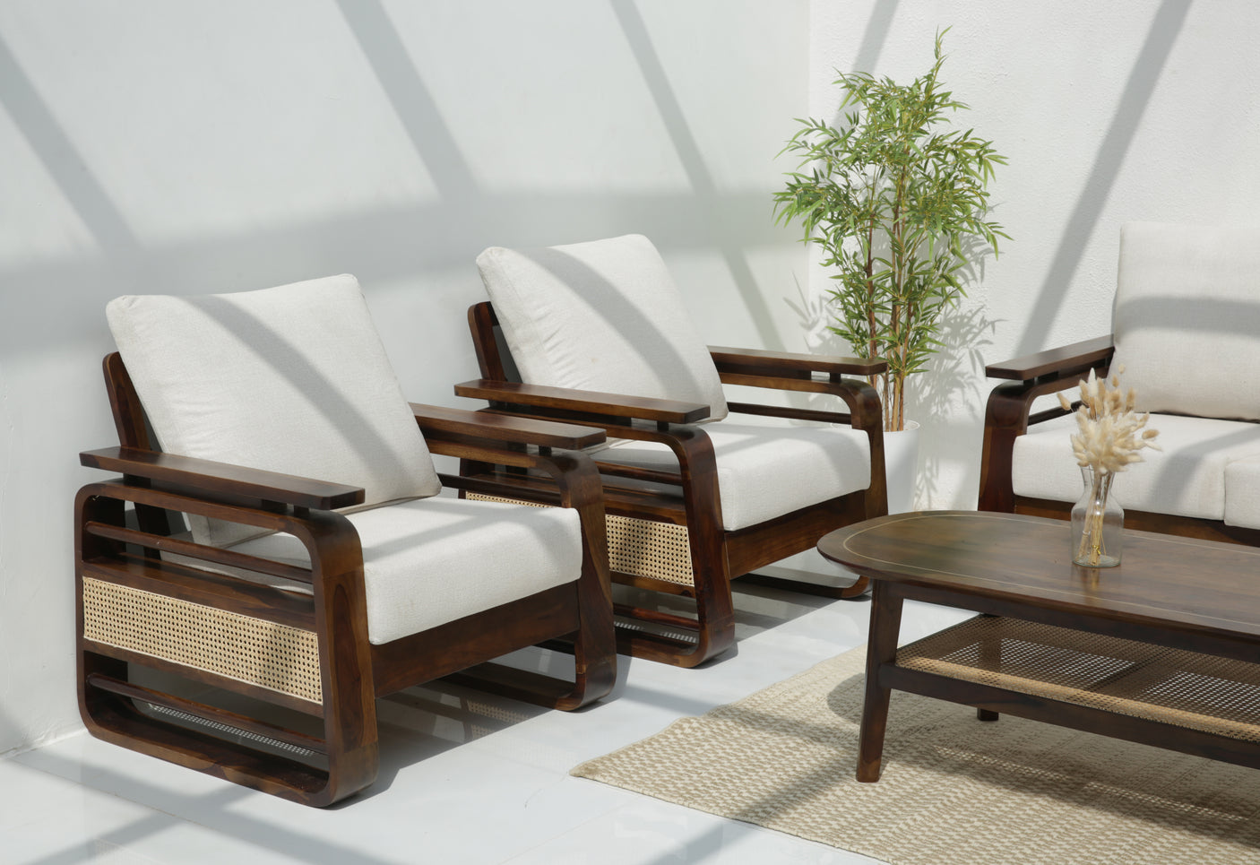 Vortex 1 Seater Sheesham Wood Sofa with Cane Detailing – Walnut Finish Arina Living
